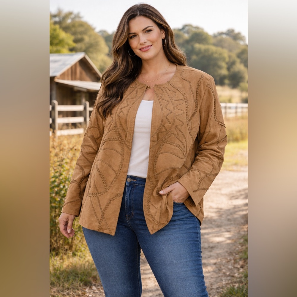 Chico's Faux Suede Jacket Tan Boho Western Embroidered Country Size 3 16 18 XXL